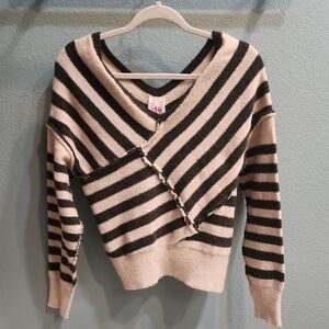 So Me Olive and Cream Striped V-Neck Sweater Womens Small